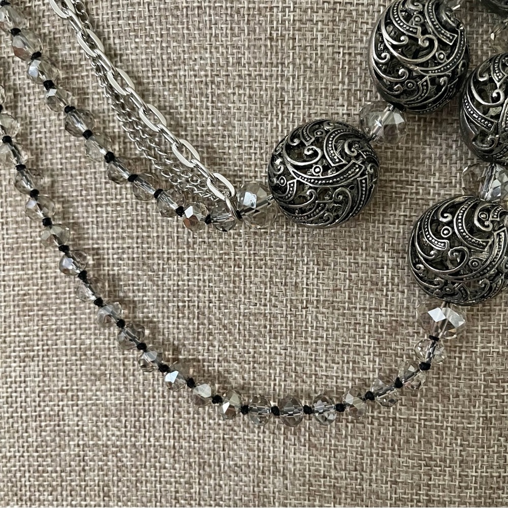 Vintage Opera Length Filigree and Hand Knotted Smokey Grey Crystal Beads - Picture 6 of 13